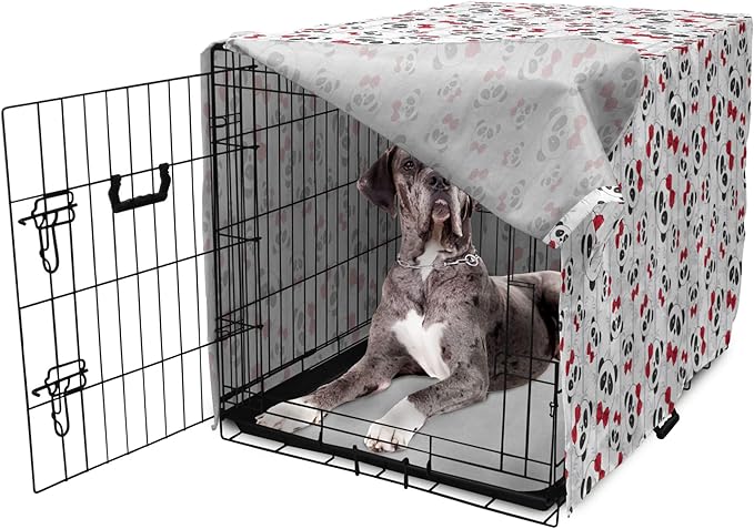 Lunarable Panda Dog Crate Cover, Funny Pattern of Asian Bear Animal in Romantic Bow Tie Cartoon Design, Easy to Use Pet Kennel Cover for Medium Large Dogs, 48 Inch, Pale Grey Black and Red