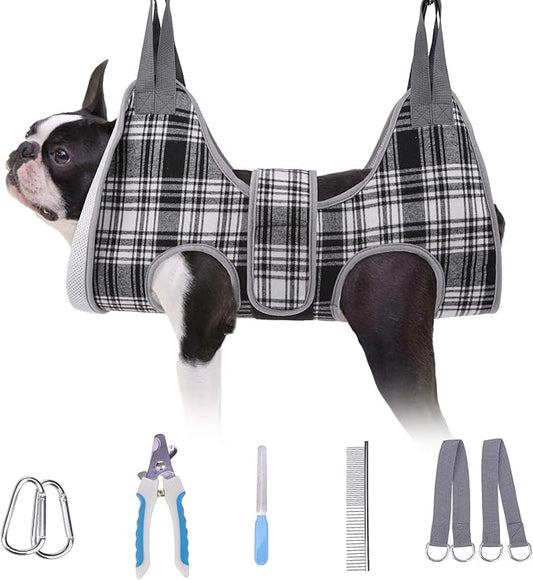 BEAUTYZOO Dog Grooming Hammock, Small Dog Sling for Nail Trimming, Dog Hanging Harness for Claw Care with Thick Fabric Neck Support Wide Strap Restraint Cat Grooming Hammock, Black S