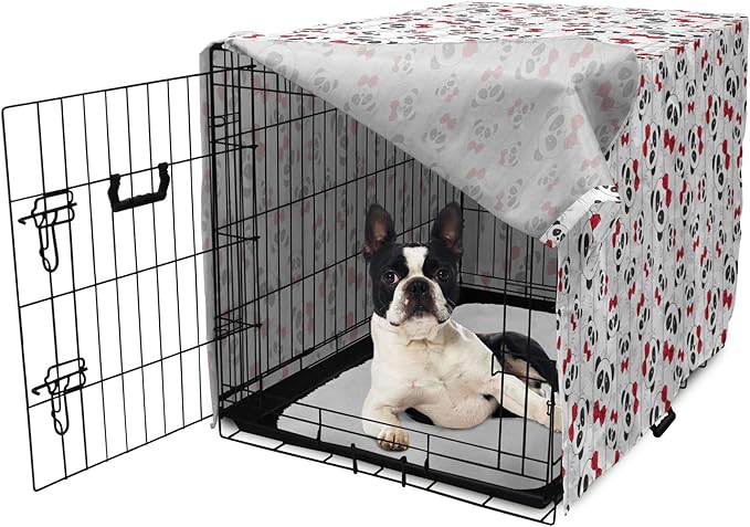 Lunarable Panda Dog Crate Cover, Funny Pattern of Asian Bear Animal in Romantic Bow Tie Cartoon Design, Easy to Use Pet Kennel Cover for Medium Large Dogs, 22 Inch, Pale Grey Black and Red