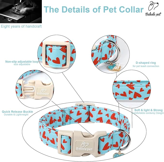 Valentine's Day Dog Collar - Cute Blue Valentines Dog Collar Girl Boy Durable Adjustable Red Heart Pattern Charm Dog Collars for Small Medium Large Dogs M