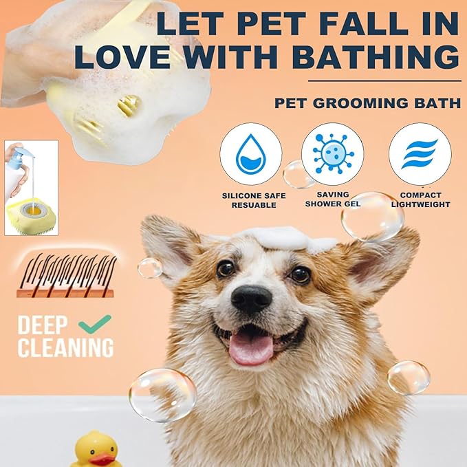 Dog Bath Brush 7-in-1 Set,Double Head Dog Eye Comb Tear Stain Remover, Double Head Dog Toothbrush, Dog Grooming Bath Brush with Shampoo Dispenser,Dog Bath Cap for Ear Protection and Dog Drying Towel
