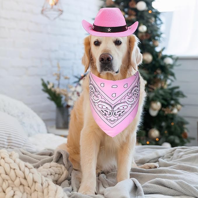 Dog Halloween Costumes, Dog Cowboy Costume Halloween Pet Cowboy Hat Bandana Scarf for Small Medium Large Dogs Pets (Pink Hat & Pink Bandana, Large)