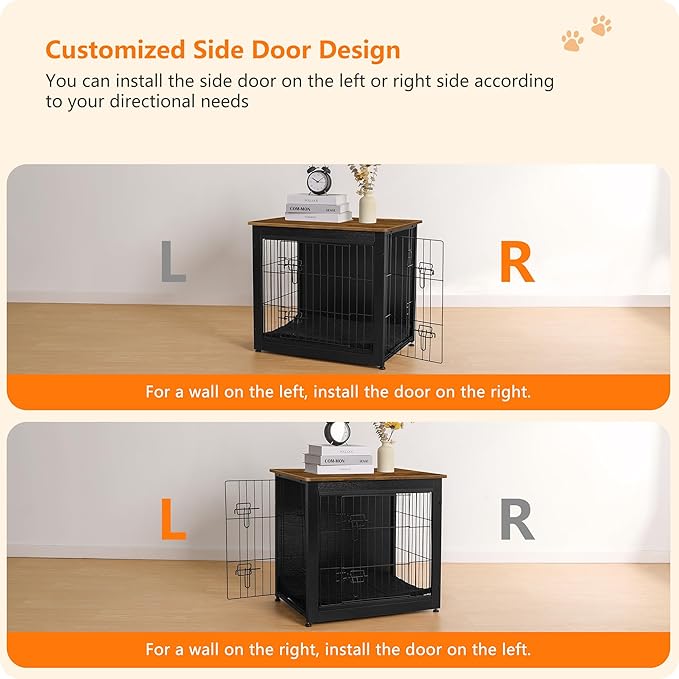 DWANTON Dog Crate Furniture with Cushion, Wooden Dog Crate with Double Doors, Dog Furniture, Dog Kennel Indoor for Small Dog，End Table, 27.2" L, Black+Warm Brown
