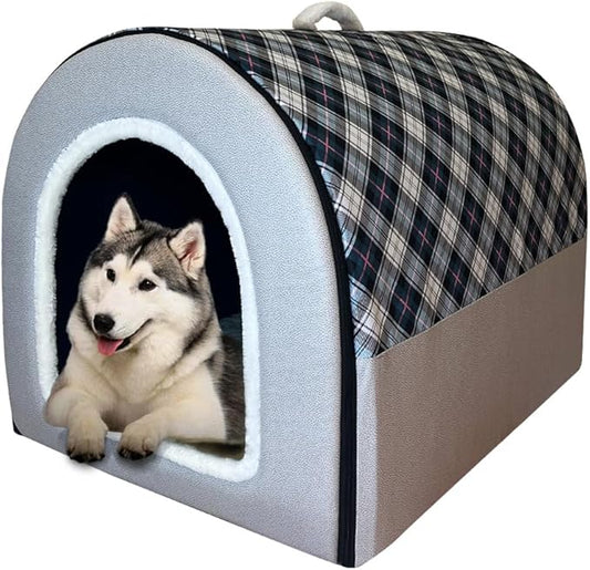 Dog Bed,2 Ways to Use,Indoor Pet House with Fluffy Mat,Removable and Washable Cover,Splash-Proof House and Non-Slip Bottom,for Large Dogs(2XL Plaid & Gray)