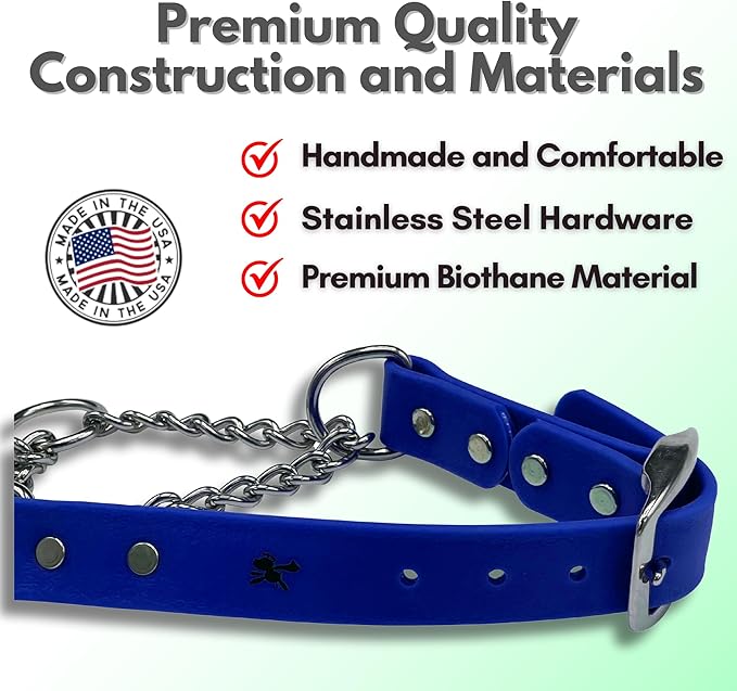 Martingale Collar for Dogs, Biothane, Stainless Steel Hardware, No Pull, Made in The USA, Professional Grade, Medium, Blue