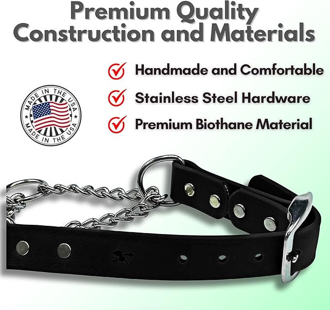 Martingale Collar for Dogs, Biothane, Stainless Steel Hardware, No Pull, Made in The USA, Professional Grade, Medium, Black