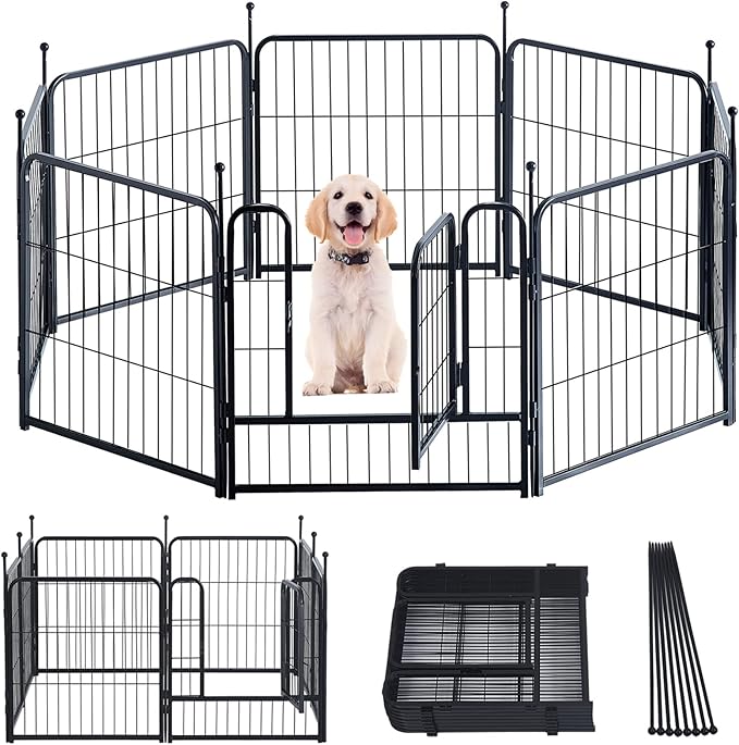 Dog Playpen,Portable Outdoor Dog Fence, Dog Playpen for Large/Medium/Small Dogs, Dog Fences for The Yard,with Doors Foldable Metal (24 inch, 08 Panels)