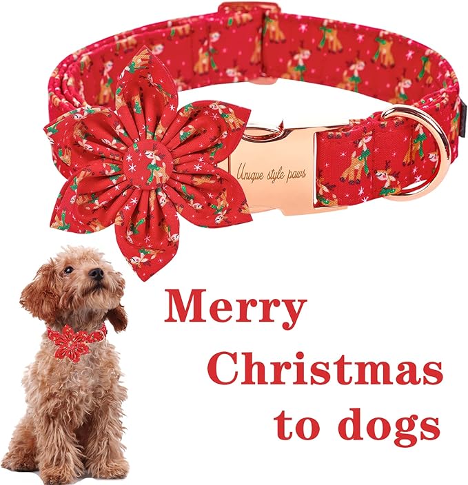 Unique style paws Christmas Dog Collar with Flower Tie Red Elk Pure Cotton Collar Adjustable Puppy Collar for Small Medium Large Dogs-XS