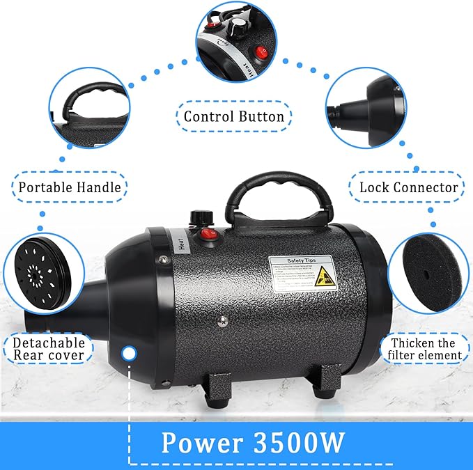 Dog Dryer for Large Dogs 5.2HP 3800W High Velocity Pet Hair Dryers with Heater for Grooming, Spind Temperature Adjustable Pet Dryer Machine with 4 Nozzles (Black)