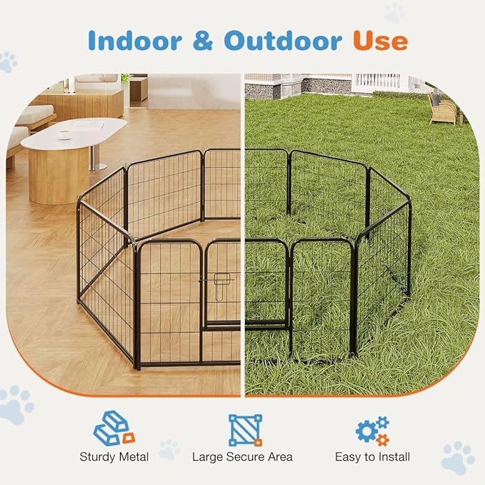 Dog Playpen, 8 Panel 32” Height Puppy Fence Exercise Pen for Yard Gate, Indoor Outdoor Heavy Duty Anti-Rust Metal Playpens with Doors Portable for RV Camping - Small/Medium/Large Pets