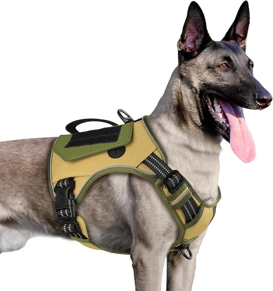 WINGOIN Tactical Dog Harness for Large Dogs, No Pull Harness with Handle 2 Pockets Poop Bag, Reflective Dog Vest, Military Service Heavy Duty Big Dog Harness for Walking Hiking Training, Khaki, L