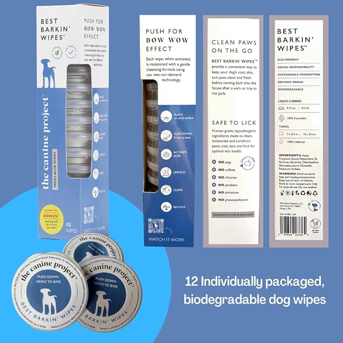 Best BARKIN' Wipes with Free Mesh Bag - Dog Wipes for Paws Ears and Butt - Micellar Aloe Scented Travel Friendly Puppy Wipes (12-Pack)