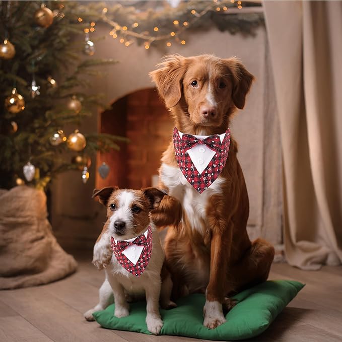 ADOGGYGO Christmas Dog Tuxedo Bandana, Red Plaid Pet Chritstmas Tux with Bowtie Adjustable Christmas Formal Costume for Small Dogs Pets (S)