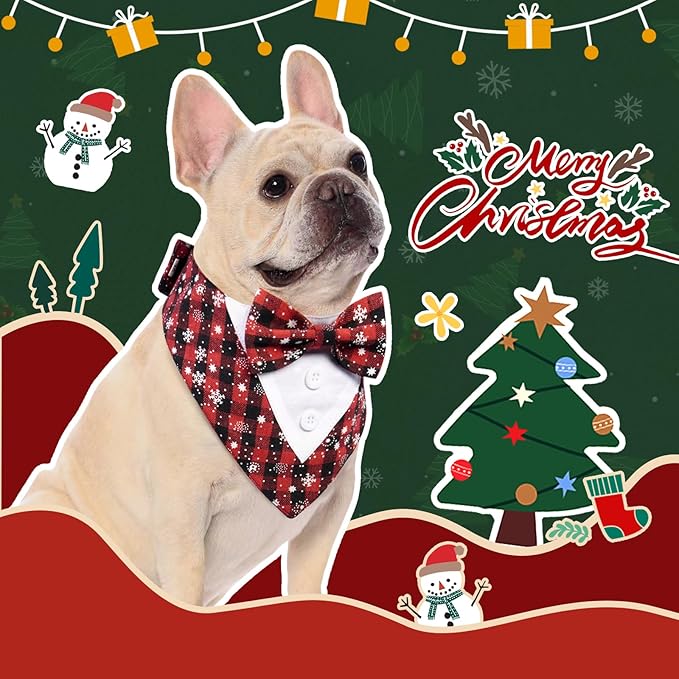 FUAMEY Dog Tuxedo,Formal Dog Bandana Dog Collar with Bow Tie Dog Birthday Costume Adjustable Pet Party Tux Dog Wedding Attire,Dog Valentines Cosplay for Small Medium Large Pets Christmas XS Snowflake