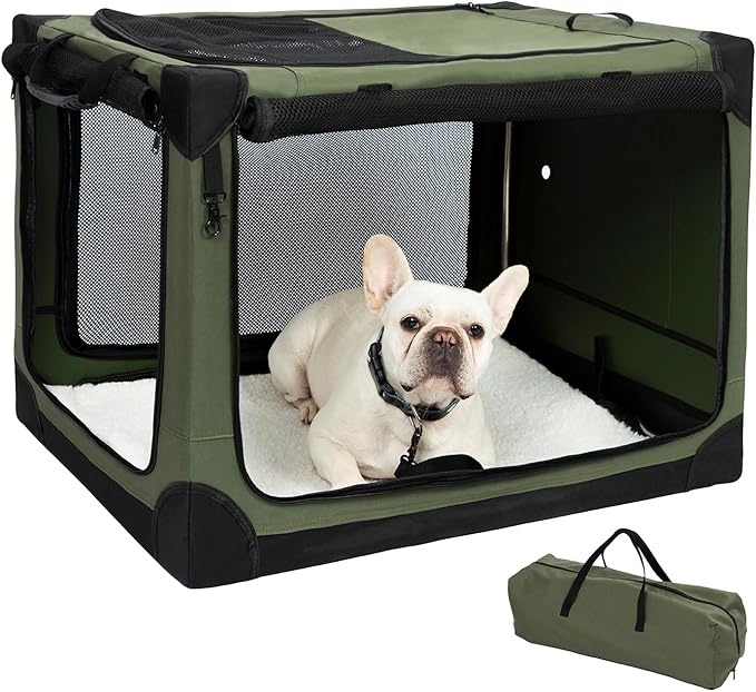 Pettycare Portable Travel Dog Crate 4-Door Soft Sided 30 Inch Collapsible Dog Crate with Curtains Durable Mesh Foldable Pet Kennel Soft Crates for Medium Dogs Indoor & Outdoor Olive Green
