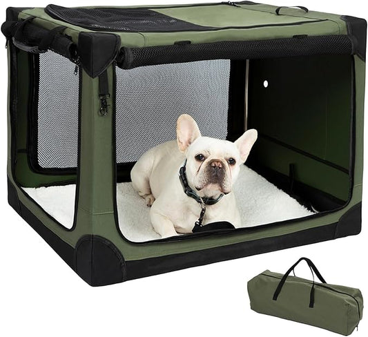 Pettycare Portable Travel Dog Crate 4-Door Soft Sided 30 Inch Collapsible Dog Crate with Curtains Durable Mesh Foldable Pet Kennel Soft Crates for Medium Dogs Indoor & Outdoor Olive Green