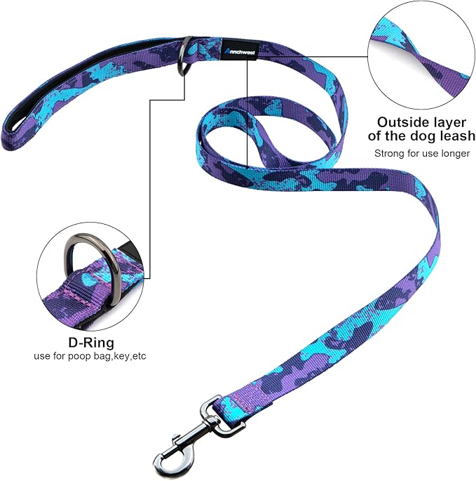 Annchwool No Pull Dog Harness with Padded Handle+5 Ft Leash,Escape Proof and Quick Fit to Adjust Dog Harness,Easy for Training Walking for Small & Medium and Large Dog(Camo Purple Set,S)