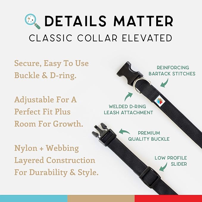 Dog Collar, Lightweight, Heavy Duty Dog Collar with Buckle, Fabric Pet Collar, Breathable & Adjustable Puppy Collar, Dog Collars for Medium Dogs (Black, Medium - 10-16 Inch) - Wildebeest