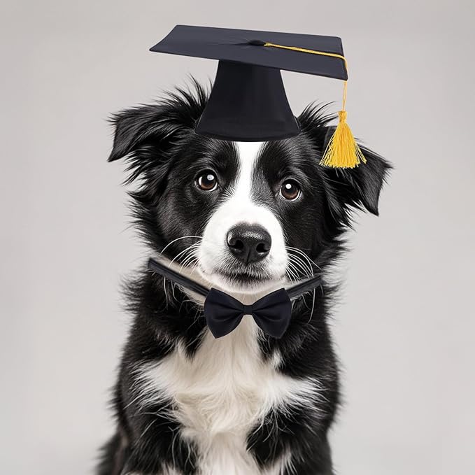 Pet Graduation Caps with Bow Tie Dog Graduation Hat with Yellow Tassel Pet Grad Costume Accessory for Small Dogs Cats Party Outfit