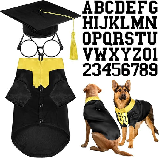 5 Pcs Dog Graduation Costume Set Include 2025 Pet Graduation Gown with Stole Puppy Grad Cap Lensless Glasses DIY Letter Stickers for Dogs Cats Holiday Costume Accessory(Black Yellow,2XL)