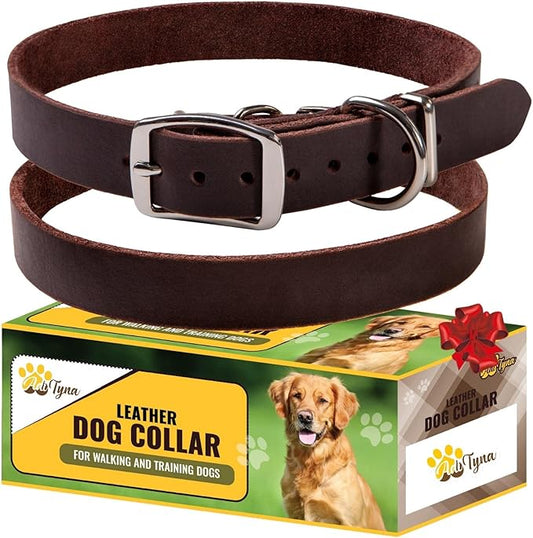 ADITYNA - Leather Dog Collar for Extra-Large Dogs - Heavy Duty Dog Collar for Big Dog Breeds - XL Dog Collar (XL - Neck: 23-28 inches, Brown)