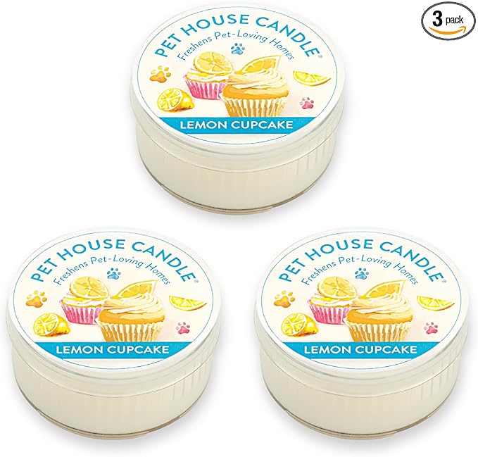 One Fur All Pet House Mini Candles for Pet Odor Made with Natural Soy Wax, Plant Based, Dog and Cat Friendly Scented Candles, Lemon Cupcake Pack of 3