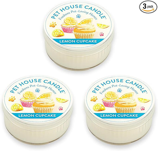 One Fur All Pet House Mini Candles for Pet Odor Made with Natural Soy Wax, Plant Based, Dog and Cat Friendly Scented Candles, Lemon Cupcake Pack of 3