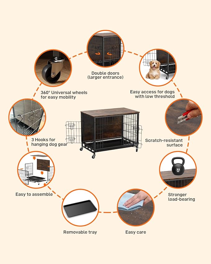 Dog Crate Furniture, 27.2" Small Dog Crate Furniture with Double-Doors, Wooden Dog Kennel Furniture with Removable Tray and Wheels, Modern Side End Table, Rustic Brown