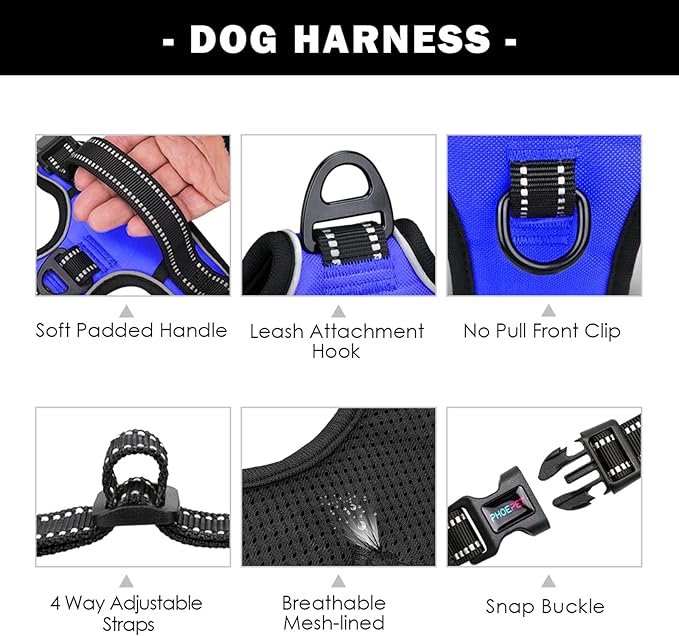 PHOEPET No Pull Dog Harness Medium Reflective Front Clip Vest with Handle,Adjustable 2 Metal Rings 3 Buckles,[Easy to Put on & Take Off](L, Royal Blue)