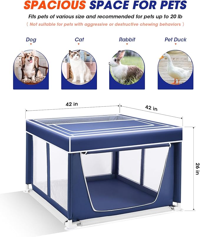 Dog Playpen 42 × 42 Inch,Breathable Puppy PlayPen with Gate and Removable Cover,Thickened Oxford Fabric Dog Play Pen for Indoor & Outdoor,Safe and Sturdy Pet Fence(Blue White)