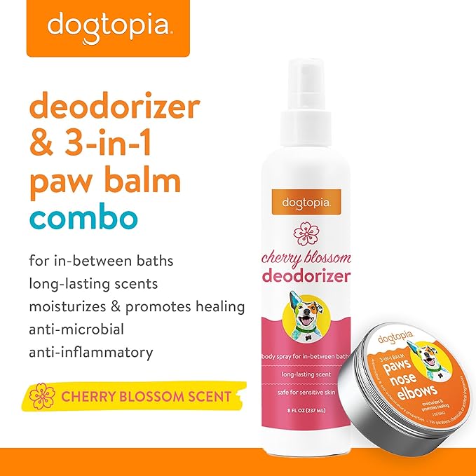 3-in-1 Paw Balm & Deodorizer Spray - Between Baths Bundle for Pets | Moisturizing Balm for Cracked Skin (2oz) & Long-Lasting Cherry Blossom Odor Eliminator (8oz) for Dogs & Cats