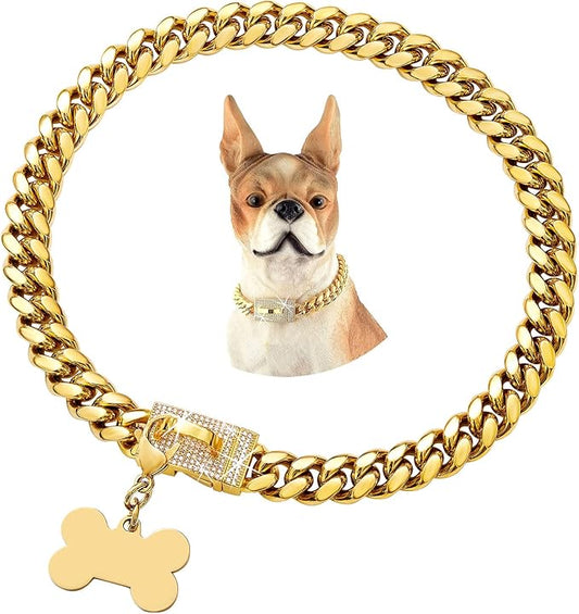 Cute Strong Gold Chain Dog Collar with Bling Clasp & Tag Pendant,18K Gold Plated Cuban Link Dog Collar,Dog Necklace Walking Collar for Puppy Small Dogs(12 Inches)