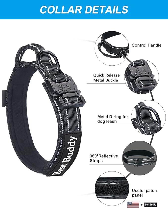 AUBELL Tactical Dog Collar and Leash Set, Adjustable Military Nylon Reflective Dog Leash and Collar with Handle and Heavy Metal Buckle for Medium Large Dogs, with Airtag Case and 2 Patches(Black, XL)