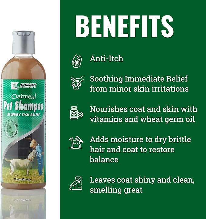 Kenic Oatmeal Pet Shampoo, Made in USA with Naturally Derived Ingredients, Soap & Paraben Free, pH Balanced, Rich Soothing Lather