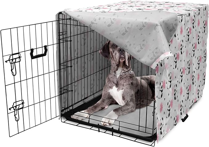 Lunarable Panda Dog Crate Cover, Cartoon Style Bear Drawings Pinkish Foliage Leaves Chinese, Easy to Use Pet Kennel Cover for Medium Large Dogs, 48 Inch, Pale Pink Rose Black