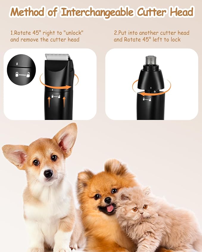 4 in 1 Dog Clippers for Grooming Paw Trimmer, USB-C Rechargeable Dog Grooming Clipper Kit Nail Ginder with Two Speeds, Cordless Pet Cat Trimmer Shavers for Thick Hairs for Poodle, Small Pets