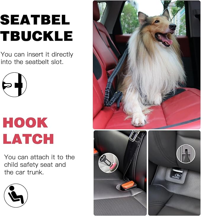 AUBELL Dog Seatbelt, Updated 3-in-1 Pet Car Seat Belt for Dogs, Bungee Dog Car Tether with Clip Hook Latch & Buckle, Heavy Duty Dog Car Harness with Swivel Aluminum Carabiner,Black+Black