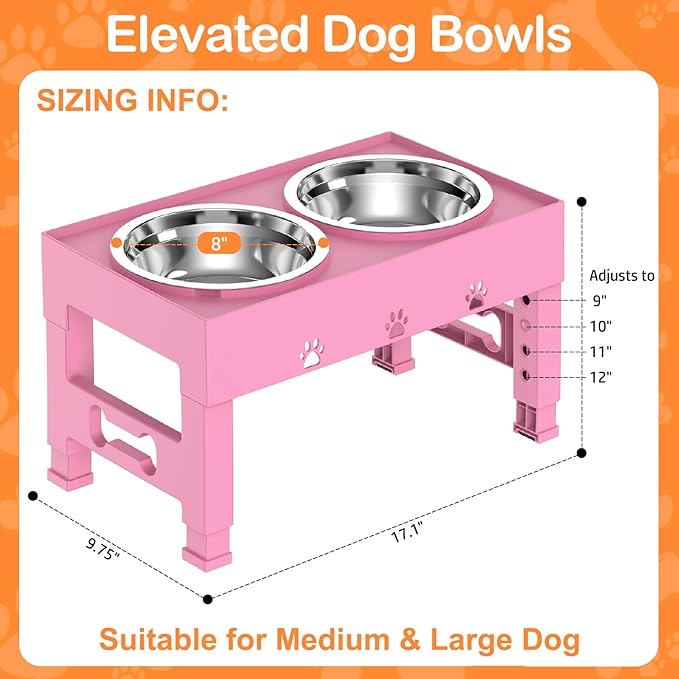 Elevated Dog Bowls with 2 Stainless Steel Bowls, Raised Dog Food Bowl Stand 5 Height Adjustable (3.1", 9", 10", 11", 12") Non-Slip Feeder Set for Medium and Large Dogs - Pink