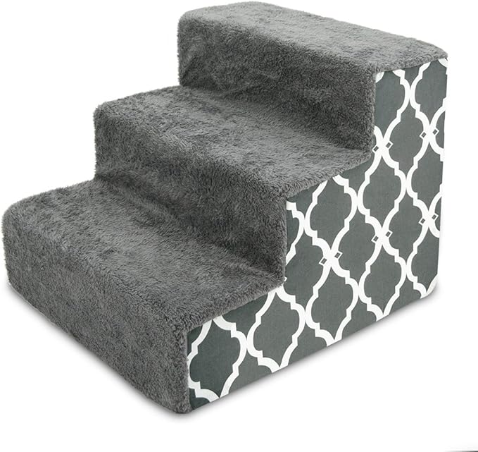 Best Pet Supplies Foam Pet Steps for Small Dogs and Cats, Portable Ramp Stairs for Couch, Sofa, and High Bed Climbing, Non-Slip Balanced Step Support, Paw Safe - Gray Lattice Print, 3-Step (H: 13.5")