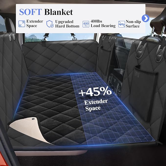 Back Seat Extender for Dogs Truck-with Soft Blanket, Truck Dog Seat Cover Back Seat Hard Bottom Holds 400lbs, Sturdy Pet Seat Covers for Trucks, Waterproof Backseat Dog Hammock for Truck