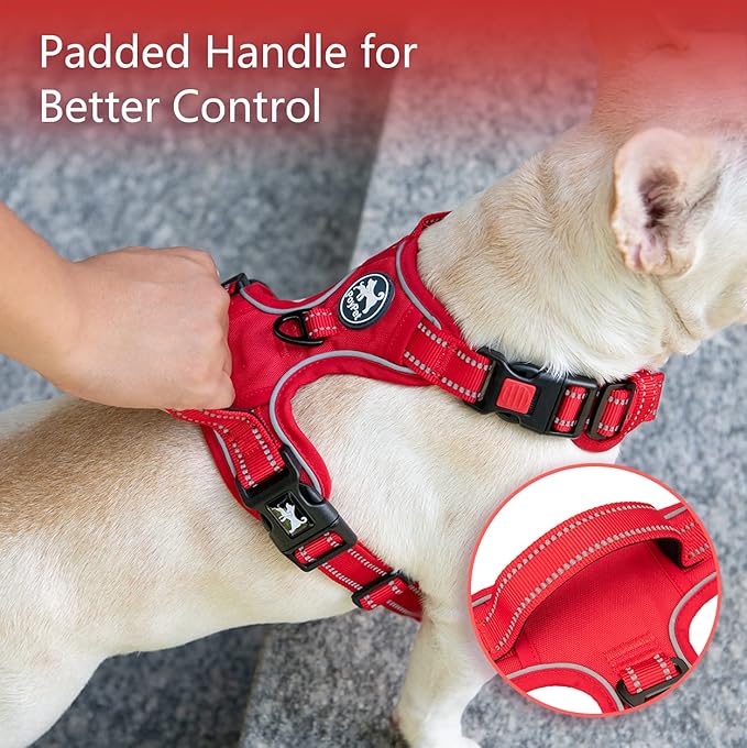 PoyPet No Pull Dog Harness, No Choke Reflective Dog Vest, Adjustable Pet Harnesses with Easy Control Padded Handle for Small Medium Large Dogs(Red Matching Trim,L)