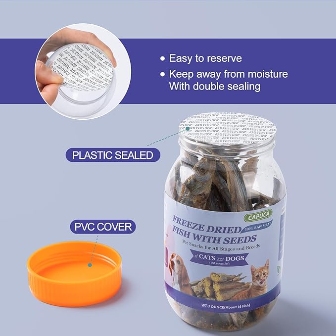 Freeze Dried Fish Dog Treats - Whole Capelin Fish Seeds Cats Treats Natural Single Ingredient Delicious Snacks Training Healthy Chews Food Pet Food No Fillers （3 Oz）