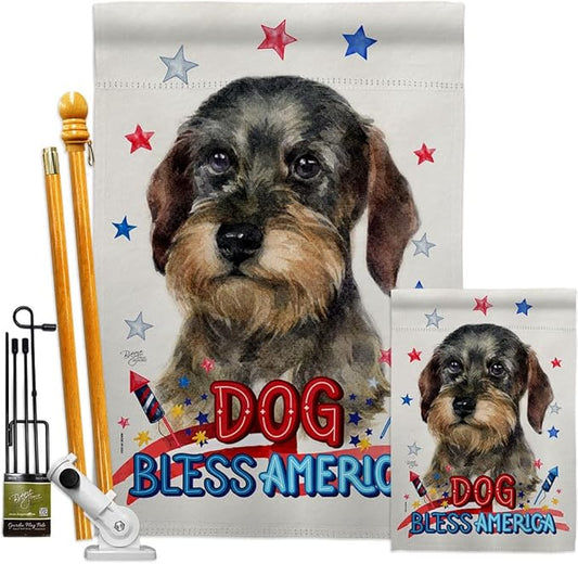 Breeze Decor Patriotic Wire Haired Dachshund Garden House Flag-Kit Dog Puppy Spoiled Paw Canine Fur Pet Nature Farm Animal Creature Decoration Banner Small Yard Gift Double-Sided, Made in USA
