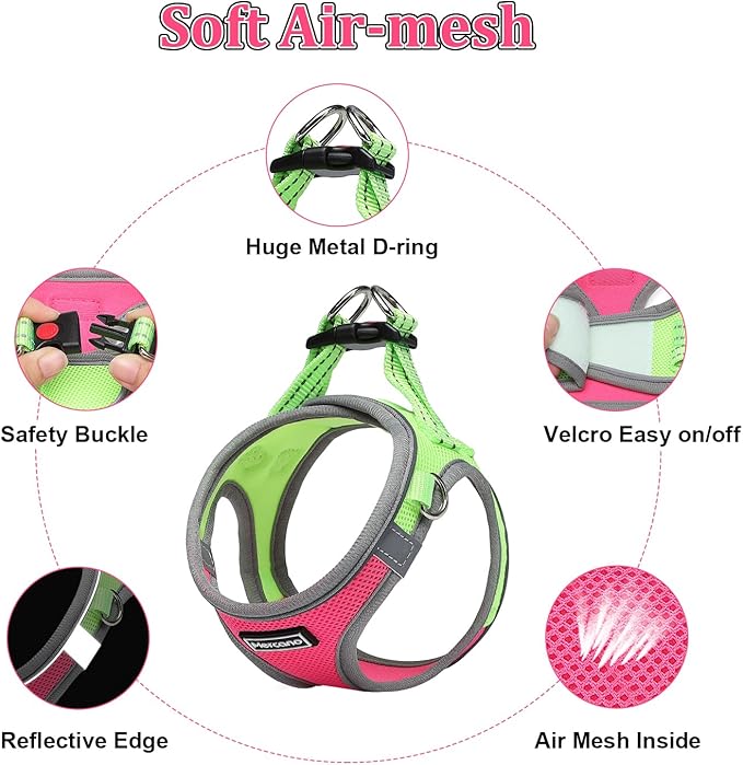 Mercano Soft Mesh Dog Harness and Leash Set, No-Chock Step-in Reflective Breathable Lightweight Easy Walk Escape Proof Vest Harnesses with Safety Buckle for Small Medium Dogs, Cats (L, Hot Pink)