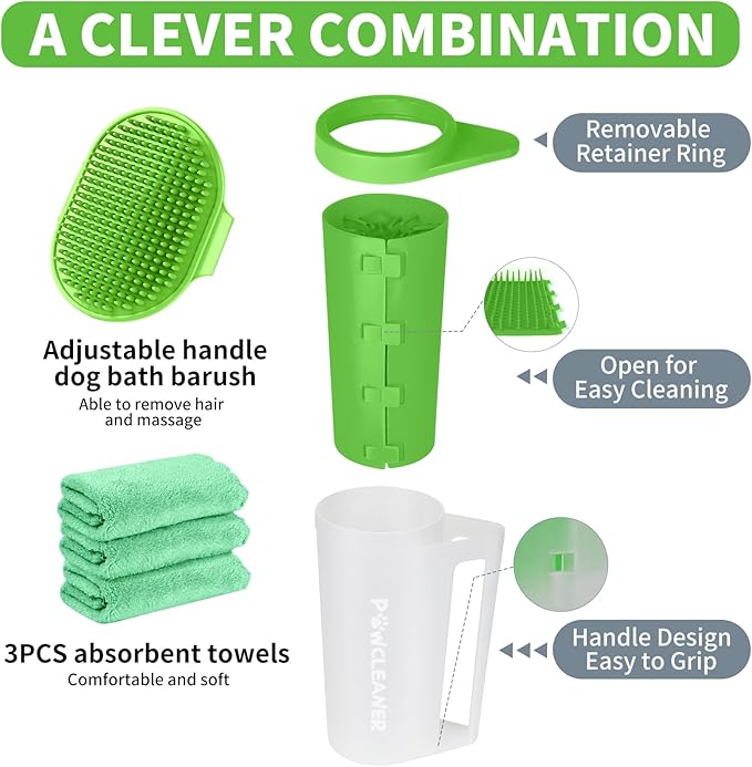 Buddy Muddy Green Pet Foot Cleaner with Handle, Adjustable Bath Brush & Absorbent Towels for Large Dogs