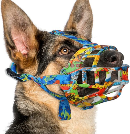 BARKLESS Dog Muzzle, Silicone Basket Muzzle for Small Medium Large Dogs, Soft Cage Muzzle Prevent Biting Chewing, Allow Drinking Panting, Suitable for German Shepherd Graffiti