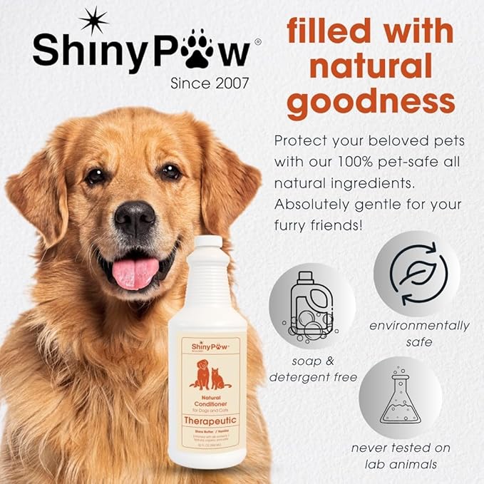Dog Conditioner for Allergies and Itching | Shiny Paw 32 oz Shea Butter & Vanilla Conditioner for Dogs & Cats | Dog Matted Hair Detangler | Made in The USA