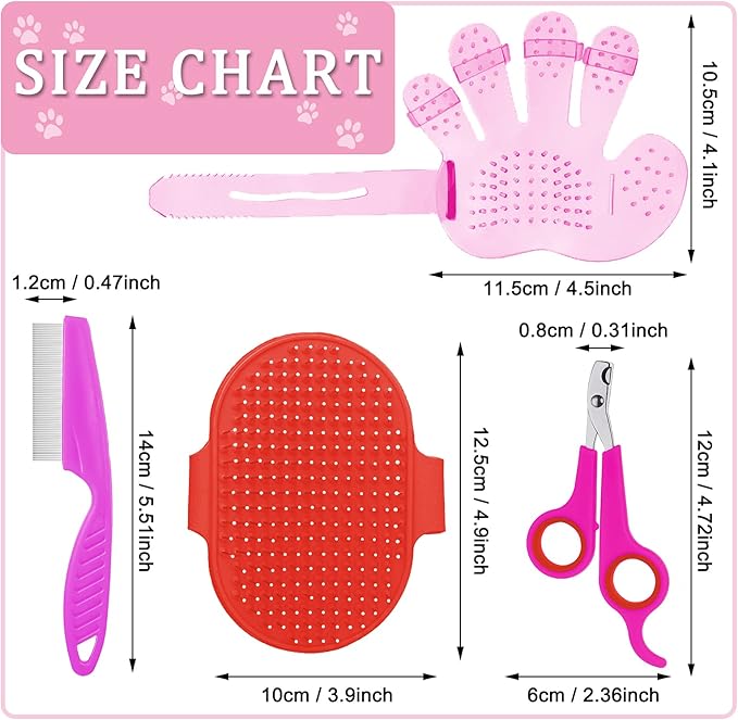 4 Pieces Bunny Grooming Kit with Rabbit Grooming Brush Pet Hair Remover Pet Nail Clipper Pet Comb Shampoo Bath Brush with Adjustable Ring Handle for Rabbit Hamster Bunny (Pink, Red)