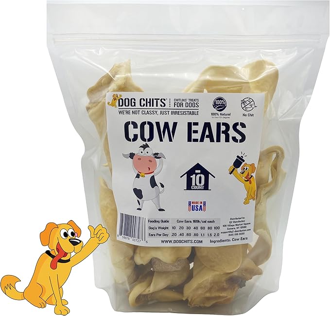 Dog Chits Cow Ears Dog and Puppy Treats - All Natural Grain and Chemical Free Training Chews - High Protein and Low Fat - Supports Dental Health - Made in The USA - 10 Count