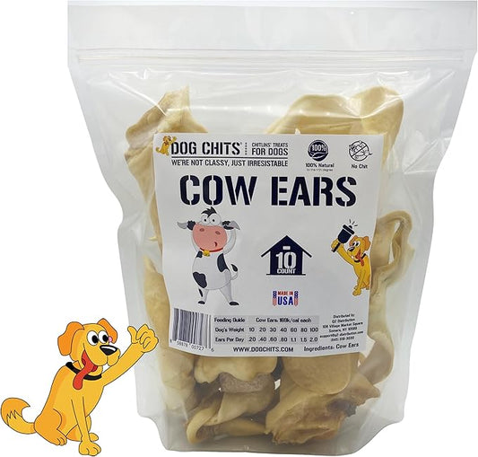 Dog Chits Cow Ears Dog and Puppy Treats - All Natural Grain and Chemical Free Training Chews - High Protein and Low Fat - Supports Dental Health - Made in The USA - 10 Count